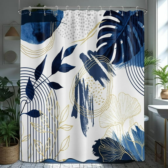 Navy Blue Boho Shower Curtain Mid Century Modern White and Dark Blue Leaf Shower Curtains for Mens Bathroom Decor Set, Waterproof Cloth Fabric with Hooks 54"W x 78"L (Pack of 1)