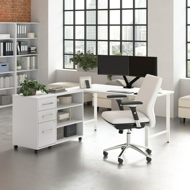 Bush Business Furniture Hustle 60W x 30D Computer Desk and Storage Cabinet with Drawers and Shelves in White