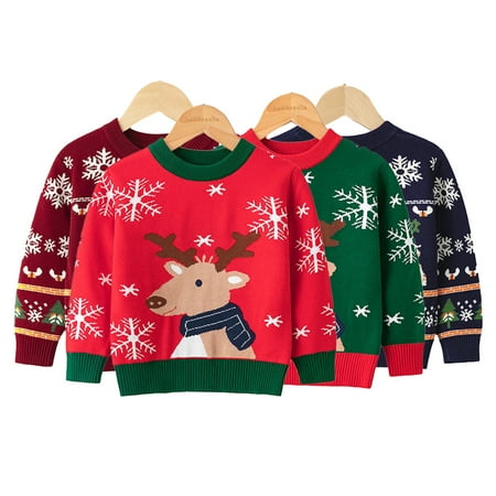

Esaierr 2-7Y Boys Girls Christmas Pullover Sweater Cartoon Knitwear Toddler Elk Embroidery Snow Knit Sweater Baby Roundneck Cotton Jumper