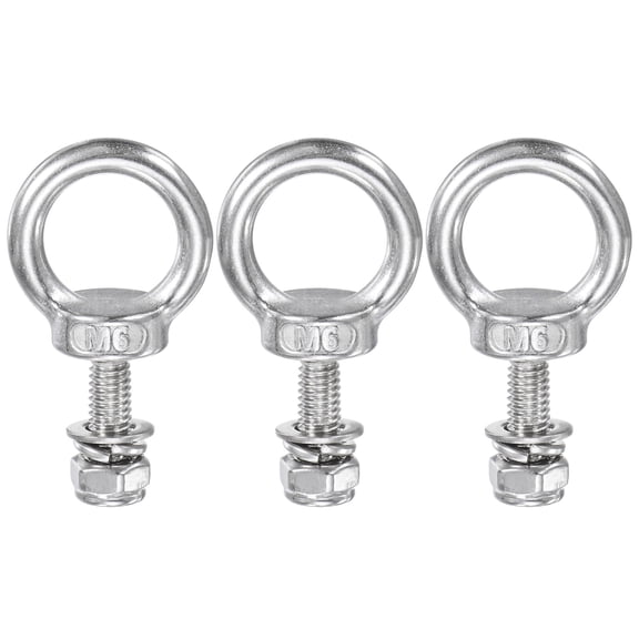 3-Sets Eye Bolts with Nuts, M6x20mm 304 Stainless Steel Lifting Shoulder Eye Bolt with Washer and Nut [Silver Tone]