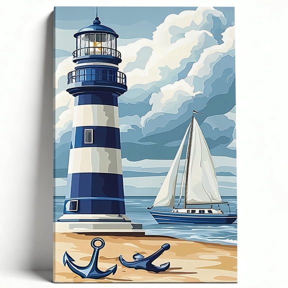 "Nautical Lighthouse and Sailboat" Coastal Canvas Art, Blue and White Maritime Illustration Print, Matte Finish Gallery Wrapped Beach House Wall Decor 8*12