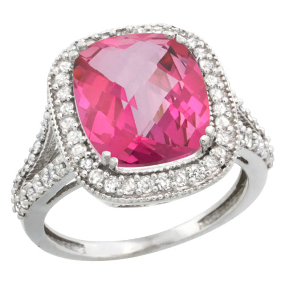 14K White Gold Natural Pink Topaz Ring Cushion-cut 12x10mm Diamond Halo, size 5 by Gabriella Gold