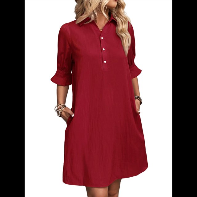 Vestido Camisero Informal para Mujer, con Mangas con Volantes, Botones y Bolsillos, Color Rojo, Talla XL