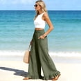thumbnail image 6 of Satingcolo Women Linen Pants Summer Ruffle Wide Leg Palazzo Pant Smocked Waist Travel Lounge Trousers Beach Vacation Outfits Army Green S, 6 of 8