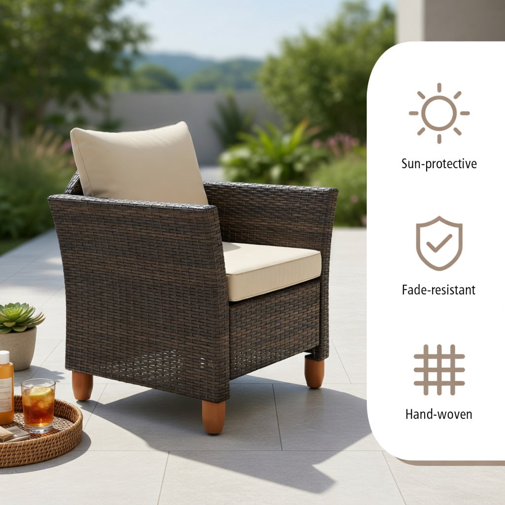 Hommoo 3-Piece Outdoor PE Wicker Patio Furniture Set with Acacia Wood Storage Coffee Table & Premium Cushions, Brown