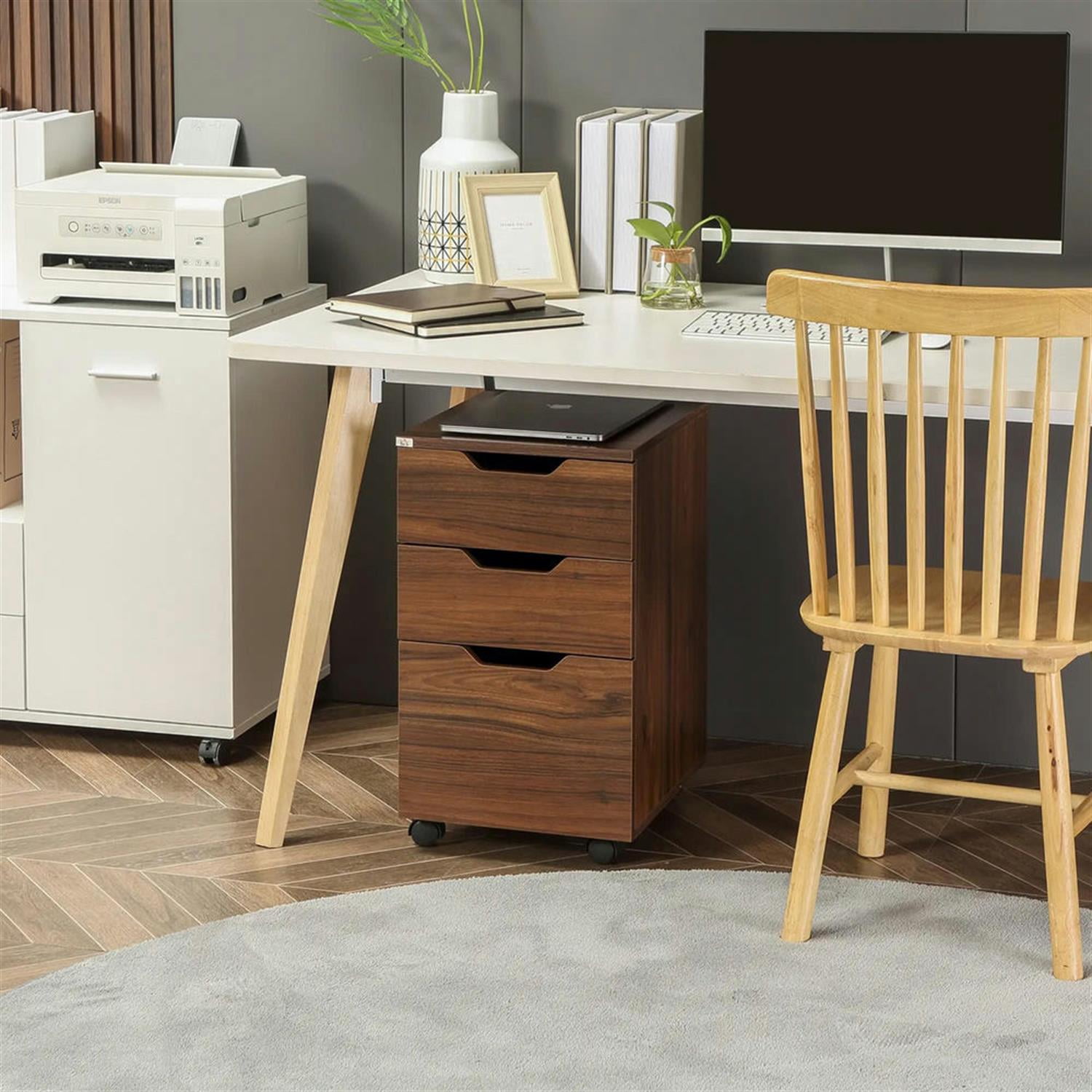 Demi Bonn Rolling Filing Cabinet with Castors, Modern 3 Drawer File Cabinet for Home Office, Vertical Printer Stand, Brown