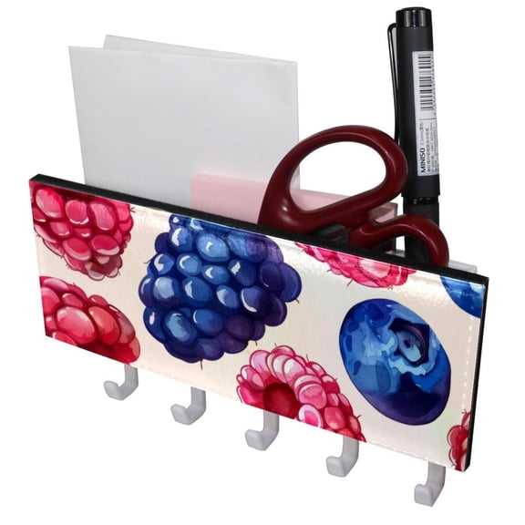 PhooArto Key Holder for Wall Decorative with 5 Key Hooks, Blueberry Raspberry Patterns Holders Wall Mount Organizer with Mail Key Rack, Self Adhesive