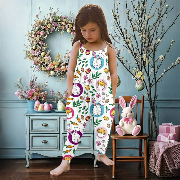 XDZJLR Barboteuse Fille Sans Manches Imprimé Lapin de Pâques Oeuf Mignonne et Confortable Indispensable pour le Printemps et l'Été Barboteuse Blanche 5-6 Ans