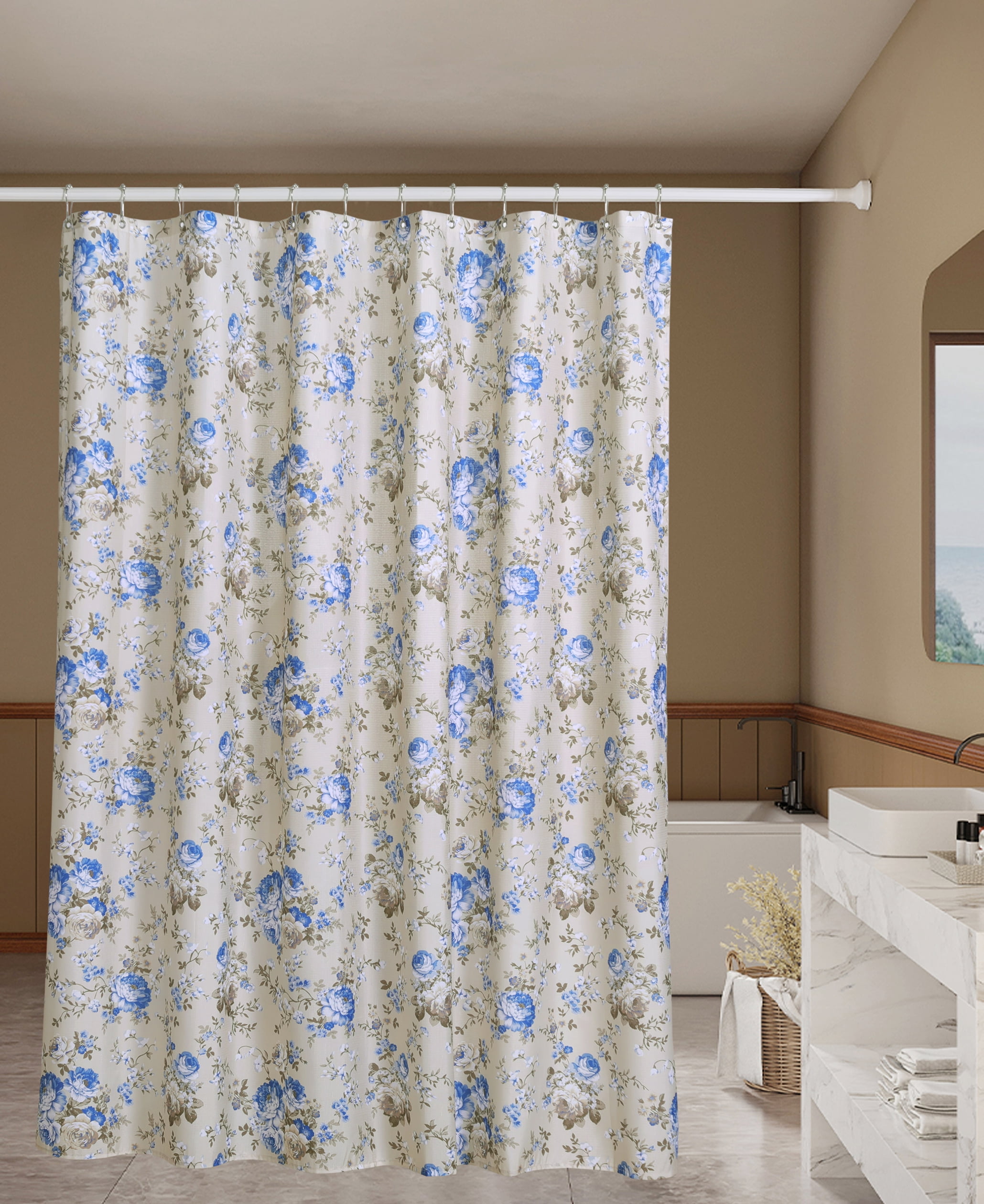 Chaps Shower Curtains with Hooks - Linen Textured Waterproof Curtain 10 Easy-slide Hooks - Beige Floral - Size 72 x 72"