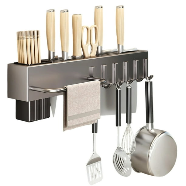 Estante para utensilios de acero al carbono: organizador de cocina que ahorra espacio con ganchos y barra para colgar, soporte gris metalizado, 2 opciones de instalación