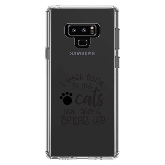 DistinctInk Clear Shockproof Hybrid Case for Samsung Galaxy Note 9 - TPU Bumper Acrylic Back Tempered Glass Screen Protector - I Work Hard So My Cats Can Have a Better Life