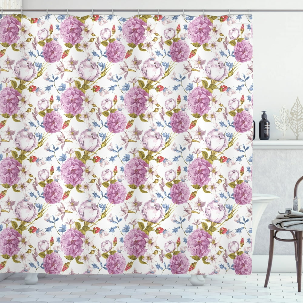 Floral Shower Curtain, Vintage Pastel Spring Scene with Hydrangea ...