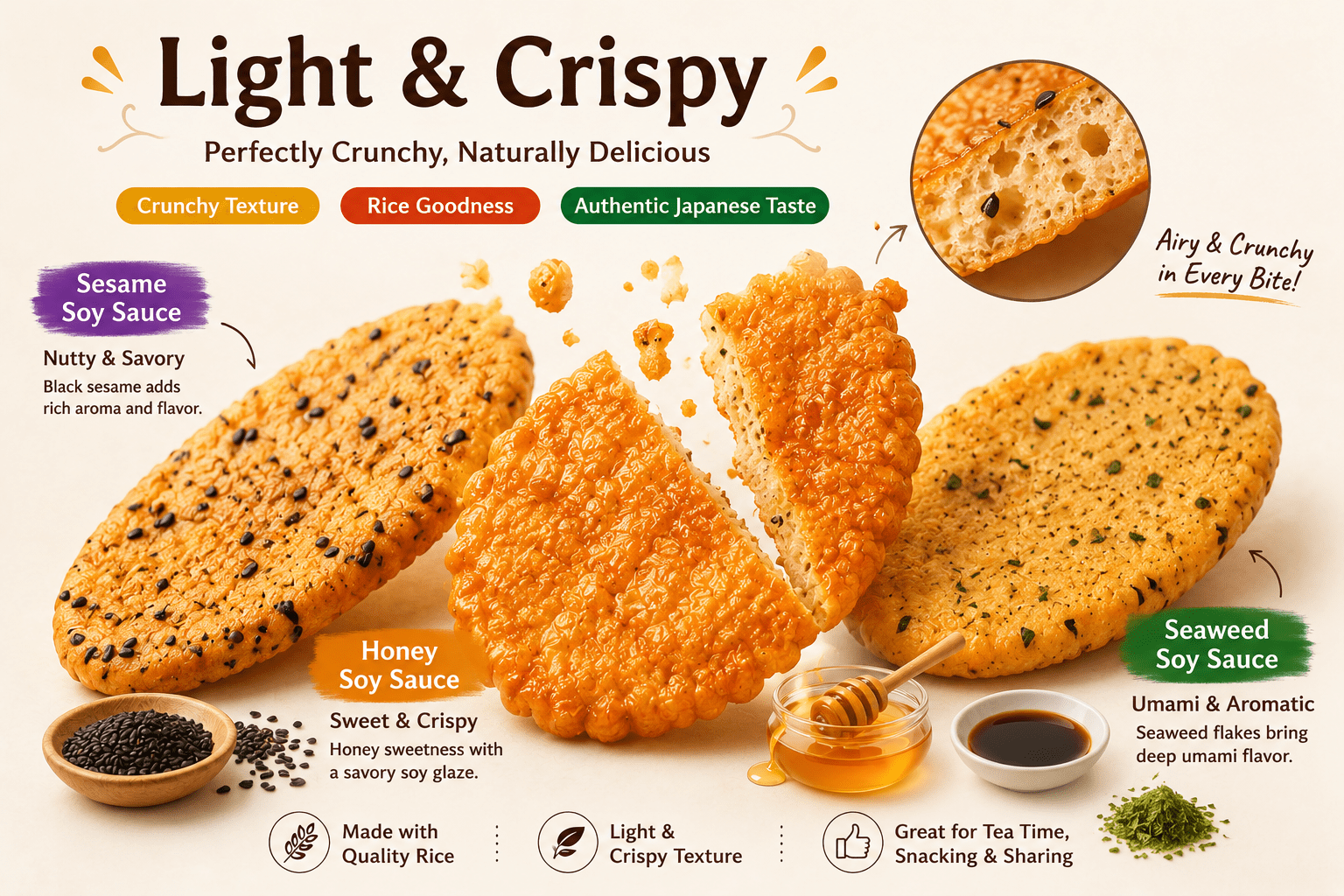 Japanese Rice Crackers Variety Pack, Individually Wrapped Senbei Snacks, Sesame Soy Sauce, Honey Soy Sauce & Seaweed Flavors, Made in Japan, 30 Packs