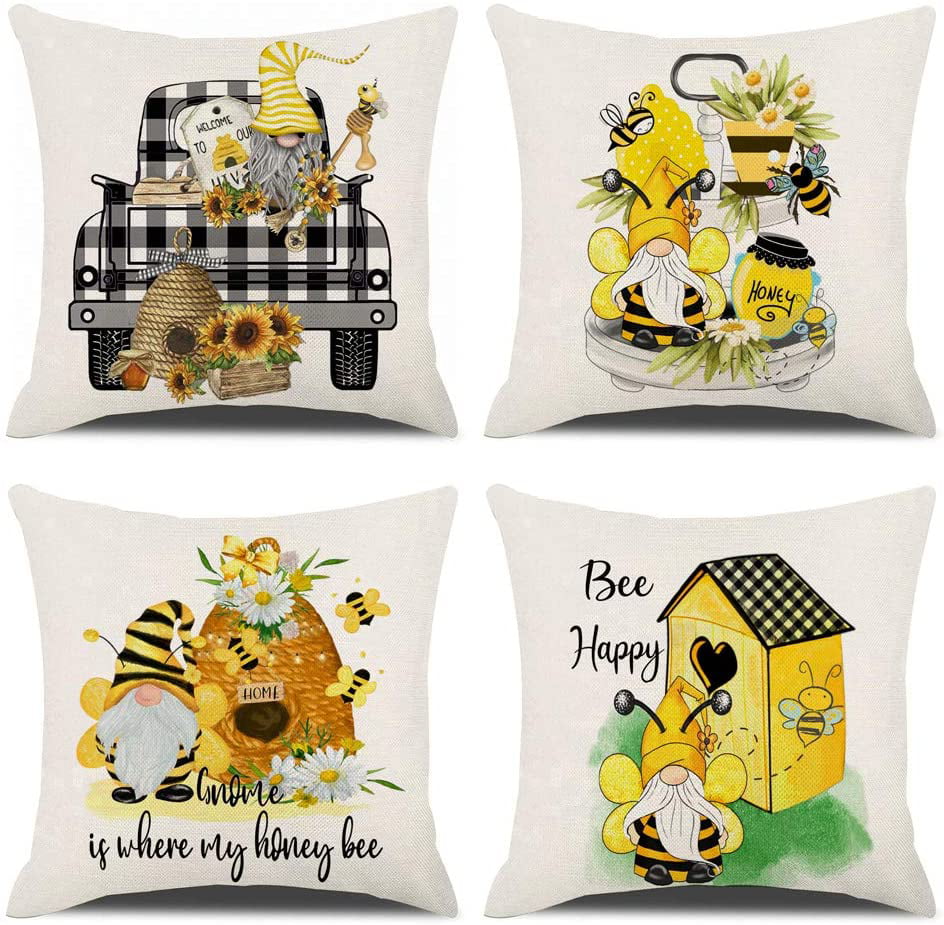 Summer Pillow Covers 18x18 Inch Bee Happy Throw Pillows Covers Summer Decorations Farmhouse Pillowcase Linen Cushion for Sofa Couch 