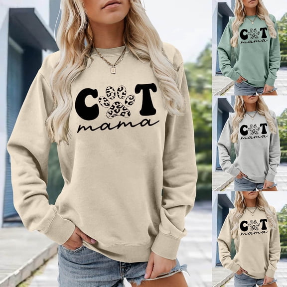 Cat Print Women's Sweatshirt Cat Mama Long Sleeve Crewneck Regular Fit Spring Cute Pullover Sweater