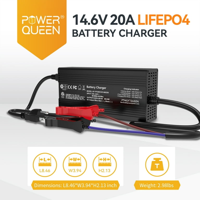 Chargeur de Batterie au Lithium 14,6V 20A POWER QUEEN pour Les Batteries  LiFePO4, LED pour Afficher l'Etat de Charge, Chargeur Batterie 12V avec 4