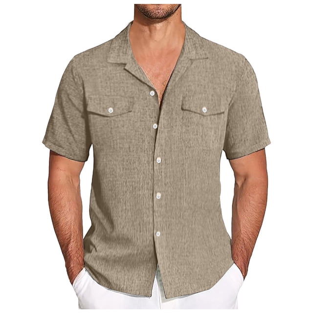 WEAIXIMIUNG Compression Shirt Mens Linen Short Sleeve Button Down Shirt Casual Cuban Summer Beach Shirts Vacation