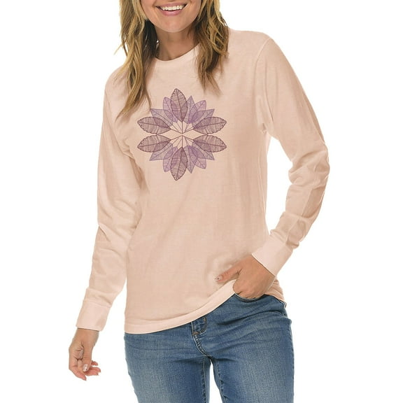 Big Size Fall Leaves Illustration Graphic Long Sleeve Crewneck Tee - Pale Pink XL