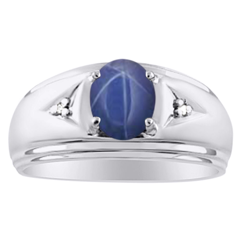 Mens Classic Oval Blue Star Sapphire &amp; Diamond Ring Set in Sterling Silver .925 - Walmart.com