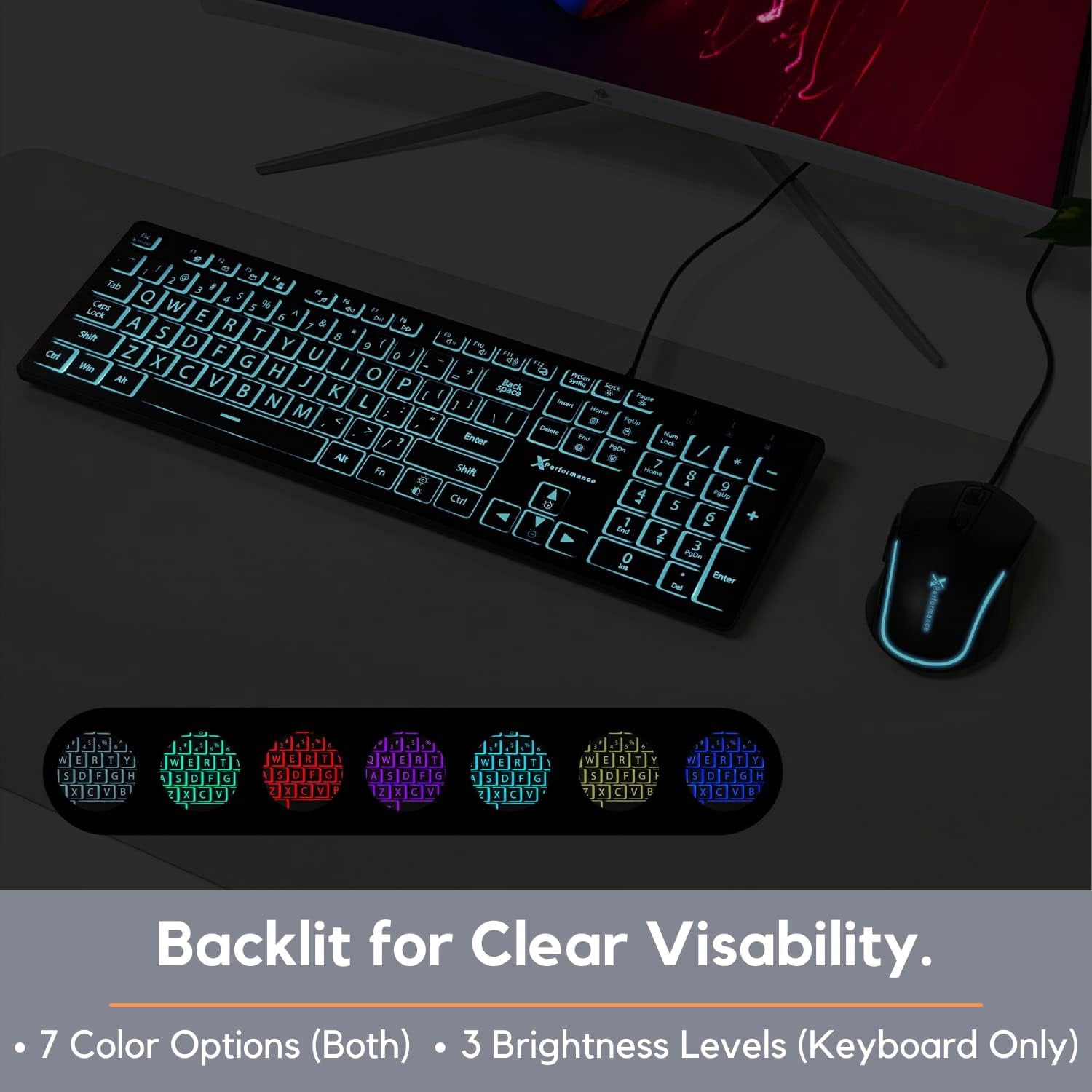 X9 Performance Large Print Keyboard and Mouse Combo - Easy to See Lighted Big Print Letters - USB Wired Backlit Keyboard and Mouse - Light Up Key Keyboard for Elderly, Low Vision, Visually Impaired