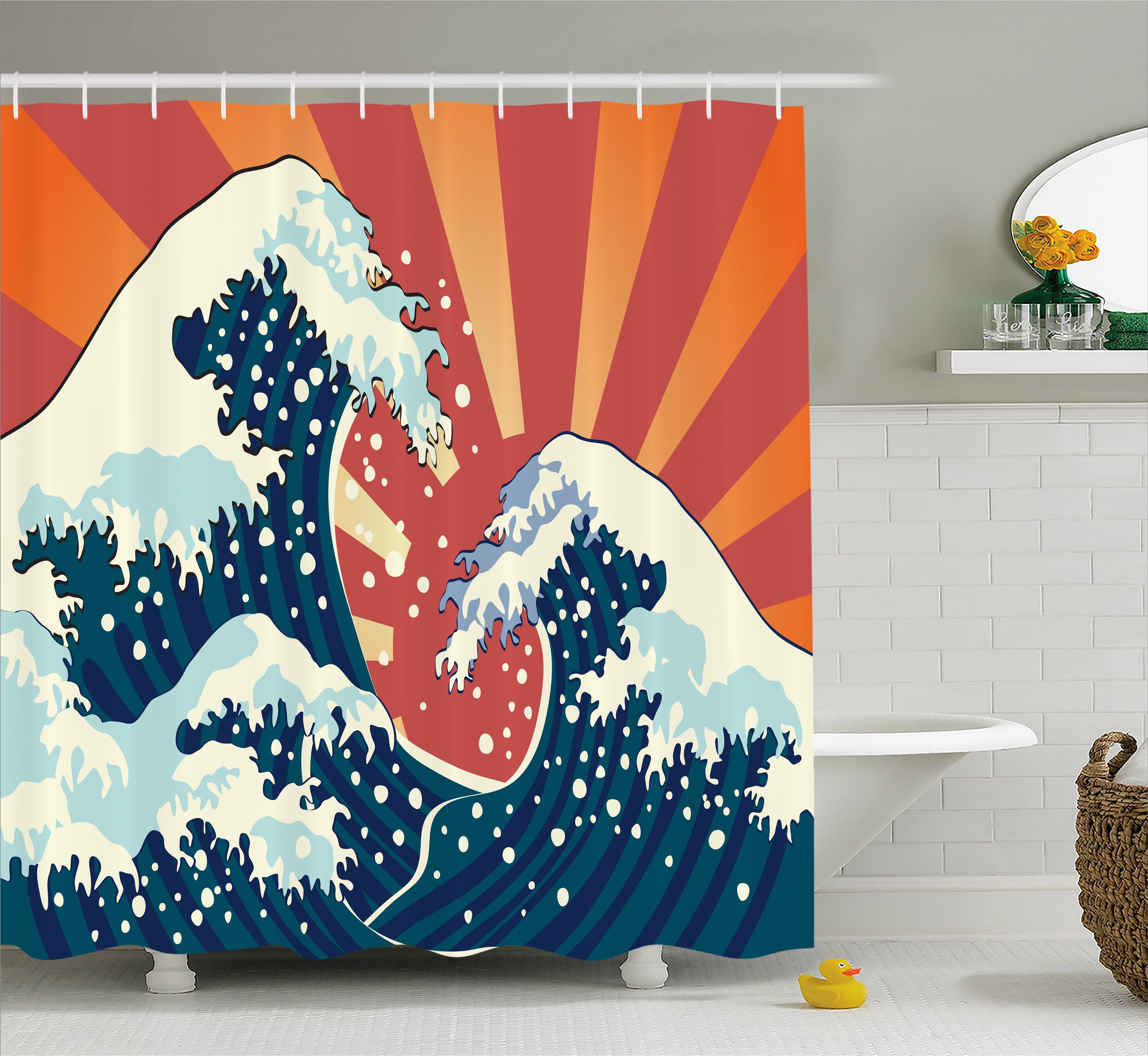 Japanese Wave Shower Curtain, Japanese Painting Style Summer Seasonal