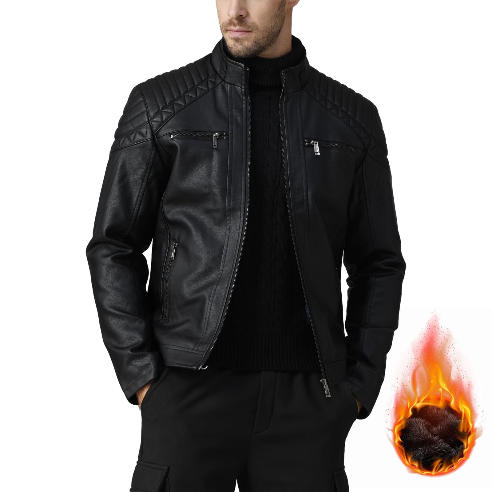 LEDUNTINO Men's Stand Collar Winter PU Faux Leather Fleece Lined Zip-Up Motorcycle Bomber Jacket Slim Fit Biker Coat