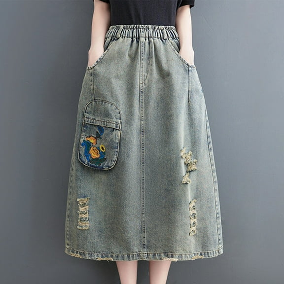 Maoxin Women Skirt Ladies' Elastic Waisted Denim Loose Hole Embroidered Pocket Skirt ,Blue,L