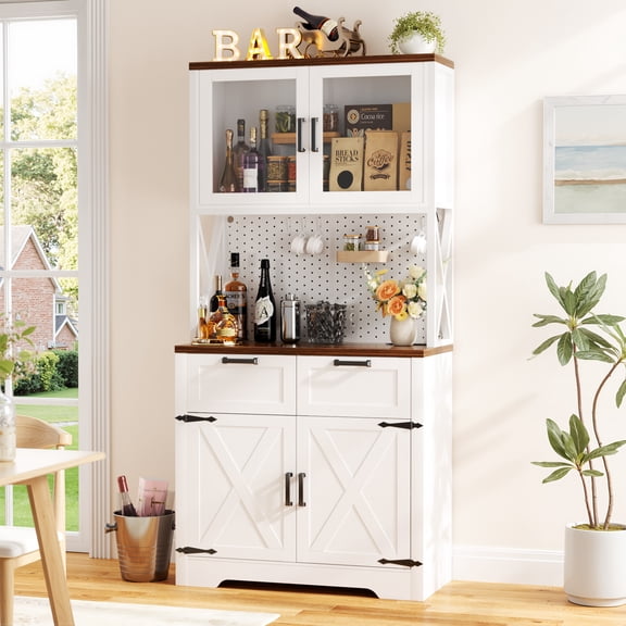 71" Tall Pantry Cabinet with Outlets and LED Light, Homieasy 5-Layer Storage Cabinet with 2 Drawers and DIY Pegboard for Kitchen, Dining, Living Room, Garage, White & Rustic