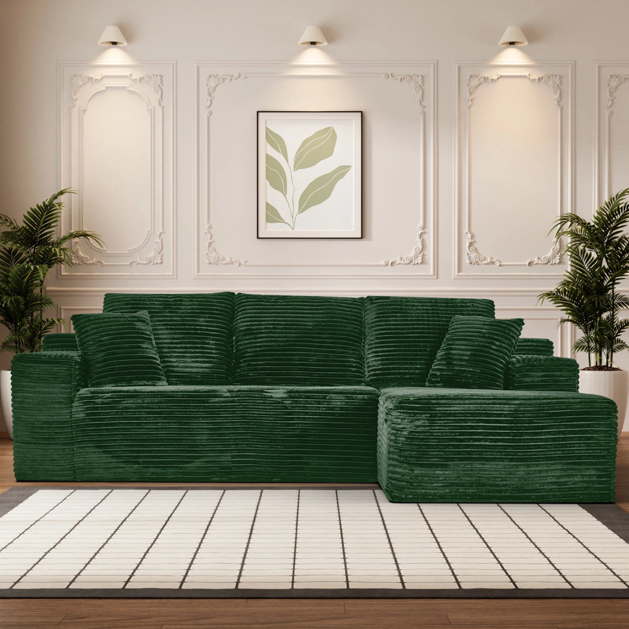 AISWORD 107.5" Corduroy Boneless L Shaped Modular Sectional Sofa with Right Facing Chaise, Deep Seat Compressed Couch with Throw Pillows, No Assembly Required, Green