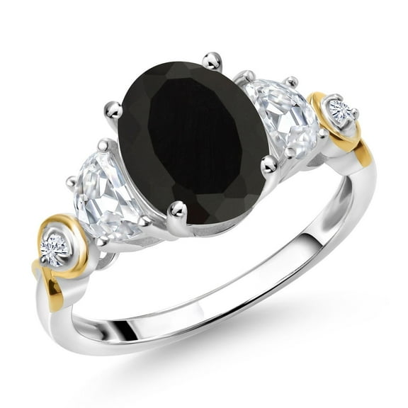 Gem Stone King 925 Silver and 10K Yellow Gold 3-Stone Ring Oval Black Onyx and Moissanite (2.50 Cttw, Size 5)