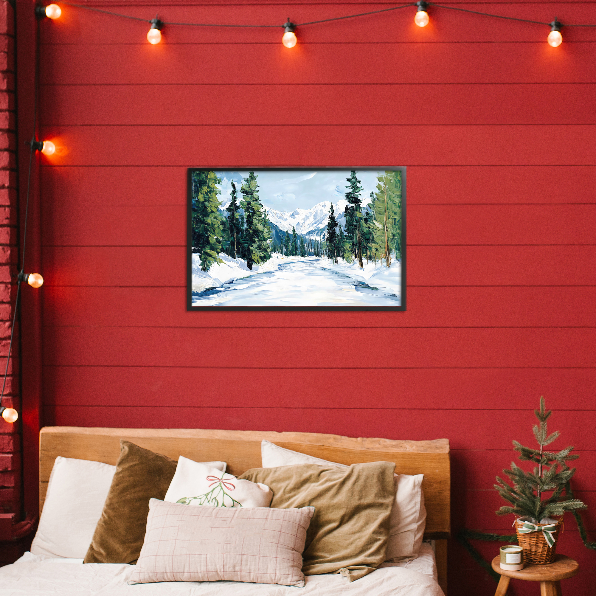 Snowy Tall Tree Pass Black Framed Giclee Art, design by Petal Prints Design