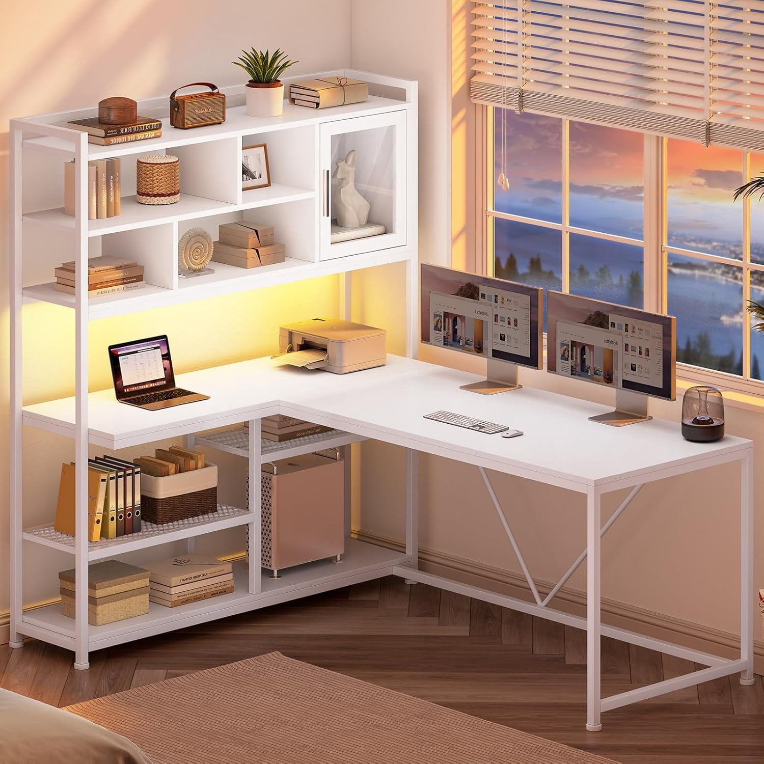 L-Shaped Computer Desk with LED Lights & Hutch, Corner Gaming Desk with 7-Tier Storage Shelves for Bedroom, Save Space, White