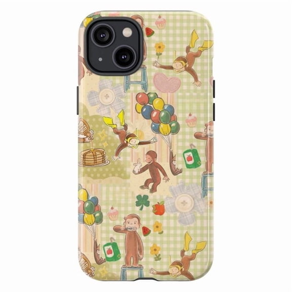 Playful Curious Monkey Pattern Phone Case, Cute Curious Cartoon iPhone Cover with Balloons and Treats, Fun Whimsical Protective Case for iPhone 17 16 15 14 13 12 11 Plus Pro Max Mini