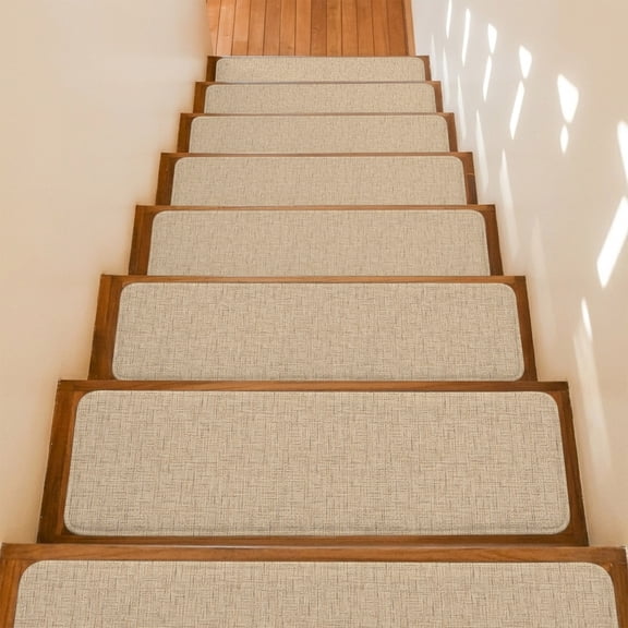 Beige Khaki Solid Non-Slip Stair Treads for Wooden Steps, 4 Pack 8x30 Inches Carpet Stair Mats with Adhesive Backing, Noise-Reducing Step Covers for Indoor Stairs, Easy to Install & Residue-Free