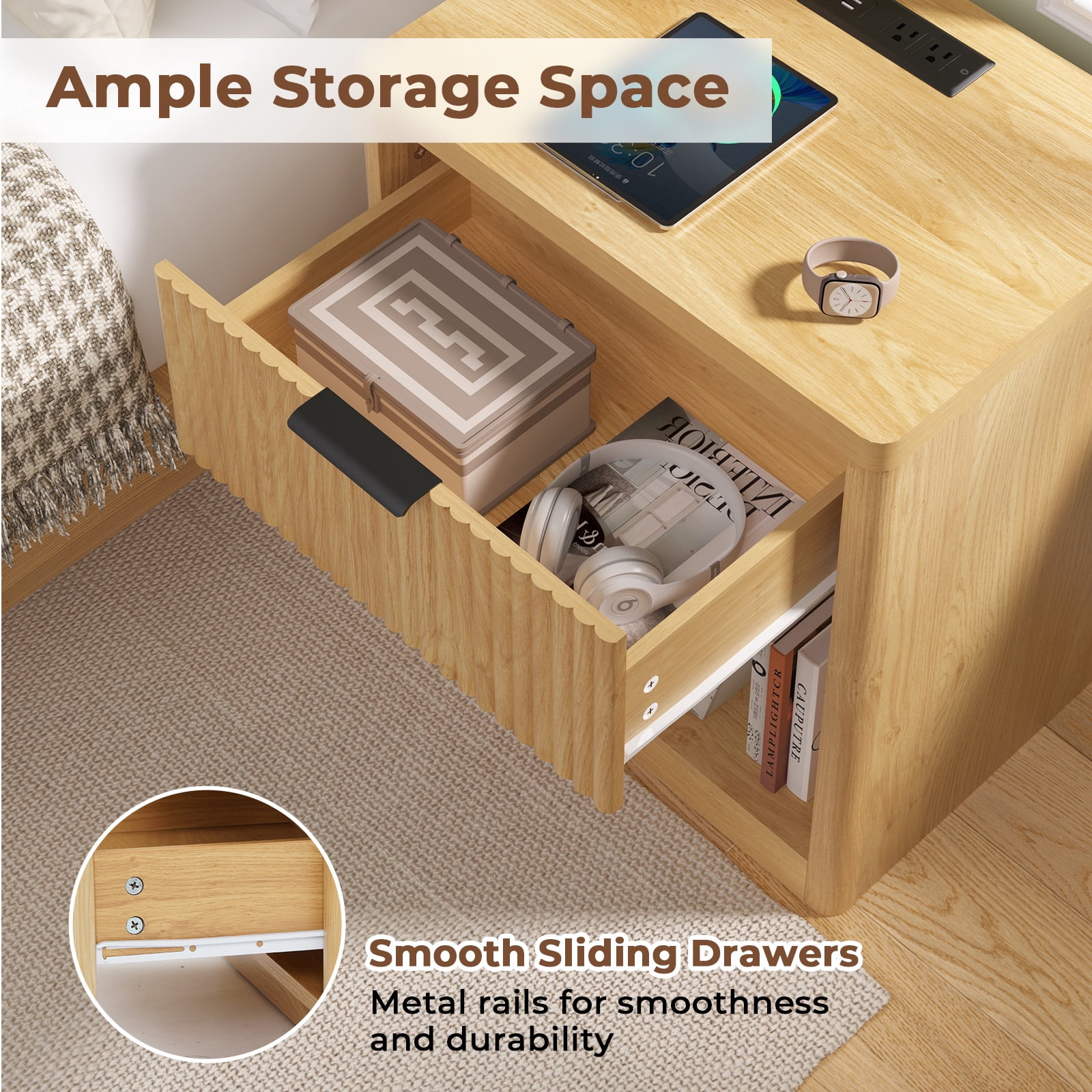 Hommpa Nightstand, Fluted Bed Side Table with Charging Station, Modern End Side Table for Bedroom Furniture Living Room Sofa, Night Stand with Storage Drawers and Large Open Shelf