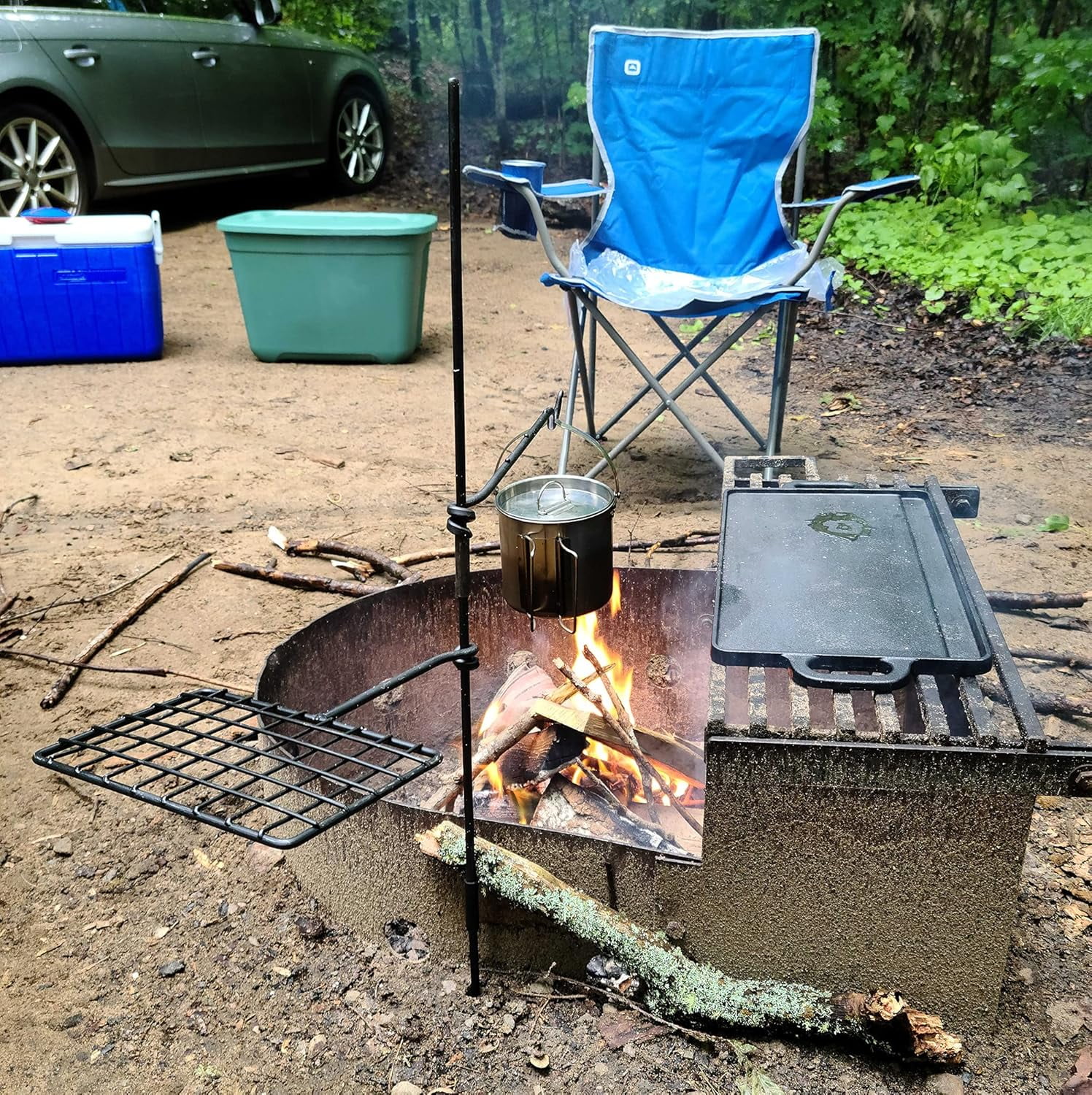 BATTLBOX Camping Grill Set, Steel Camp Cooking Grate Swivel Fire Grill