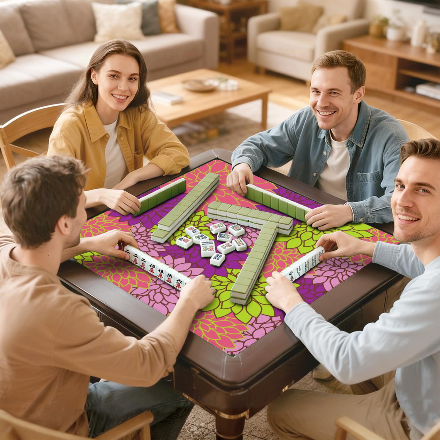 Traditional Boho Style Rubber Game Room Cover 31.5 Inch Square Large Mahjong Table Mat with Non-Slip Backing and Noise Dampening for Tiles and Cards