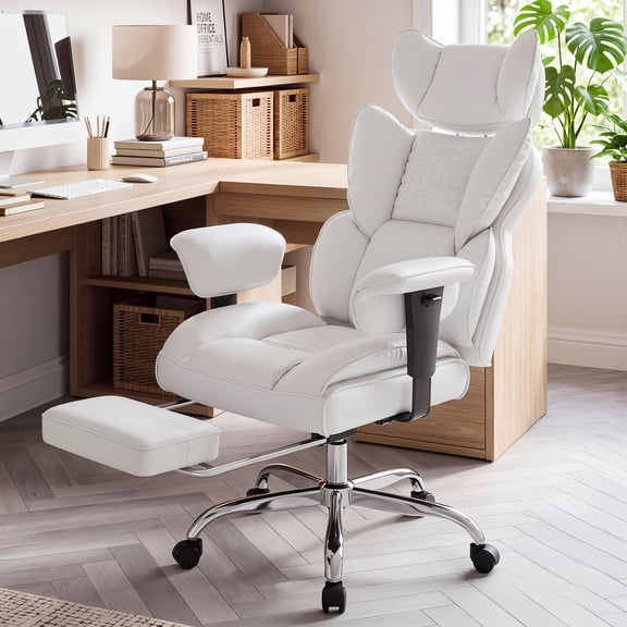 EDX Big and Tall Home Office Chair with Adjustable Armrests and Footrest,PU Leather Excutive Computer Chair with Wide Seat,Desk Chair with Ergonomic Lumbar Support,Beige