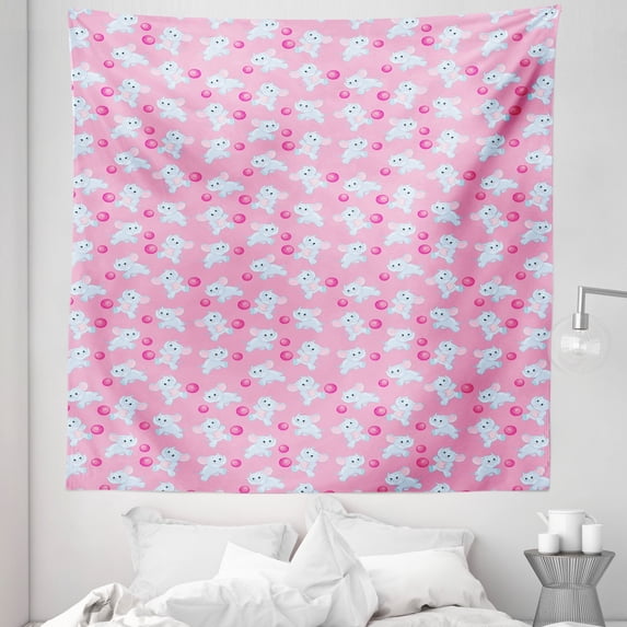 Animal Tapestry, Girls Design Pattern with Happy Animals Joyful Fun Playing Dots, Fabric Wall Hanging Decor for Bedroom Living Room Dorm, 5 Sizes, Pale Blue Pink, by Ambesonne