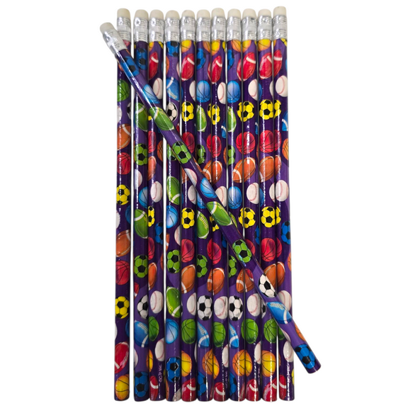 Sport-Themed Standard #2 Lead Wood 12 Pack Pencils with Top Erasers (7.5") Basketball, Baseball, Soccer, Football Print