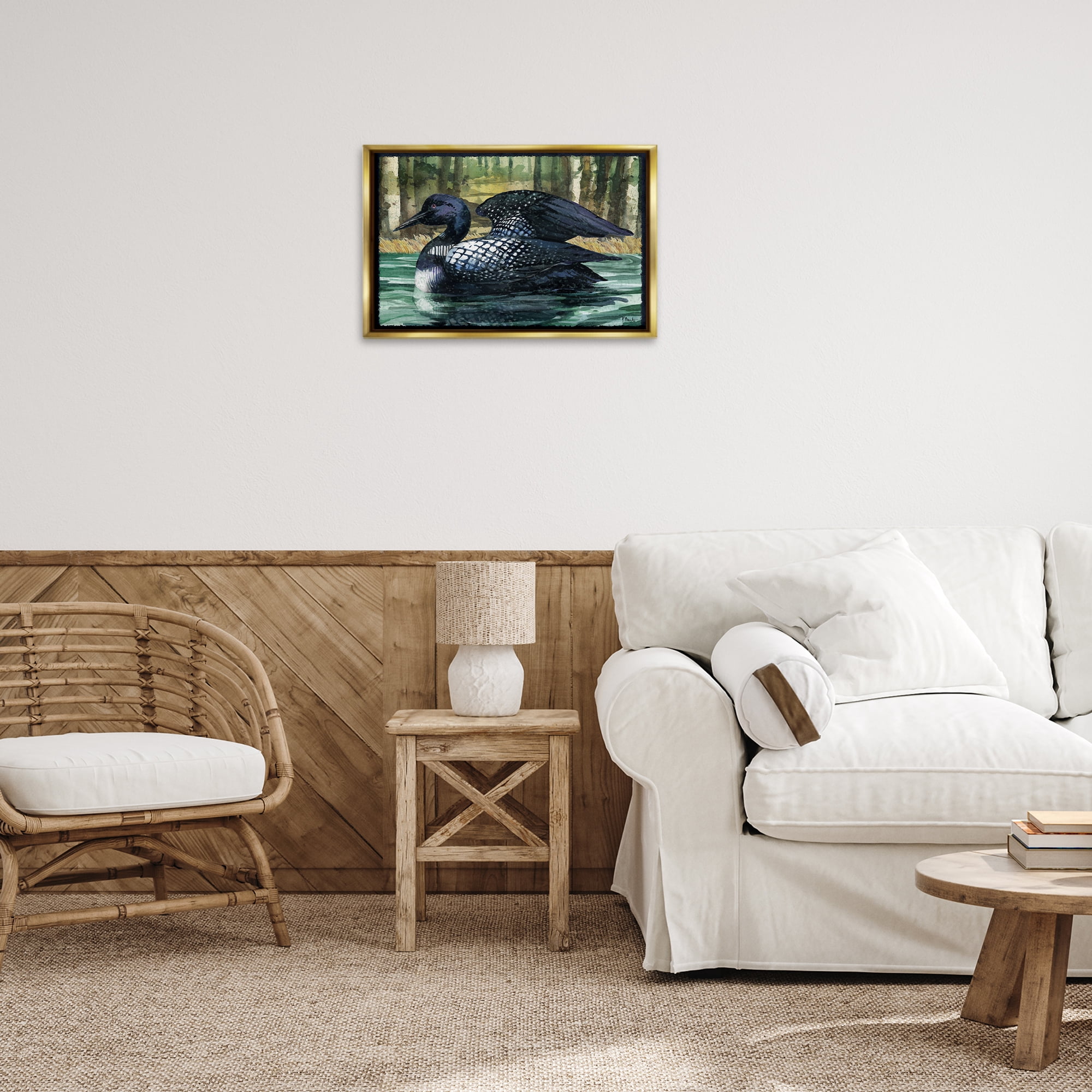 Stupell Industries Swimming Woodland Loon Animals Painting Gold Floater Framed Canvas Art Print Wall Art, 25 x 17
