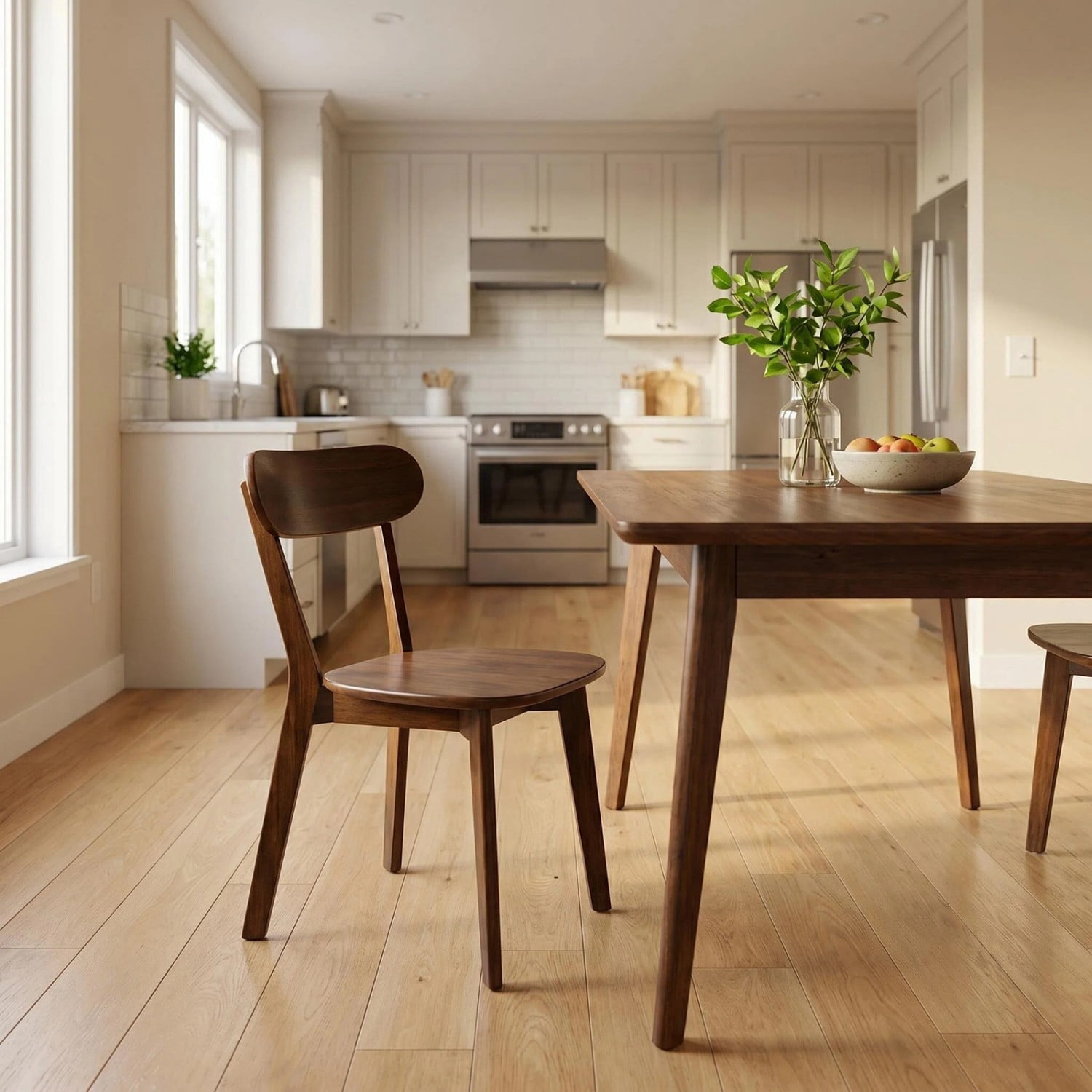 100% Natural Solid Wood Dining Chair Mid Century Modern Kitchen Chair with Curved Backrest Adjustable Foot Pads Walnut Dining Room Living Room Study Chair, Walnut