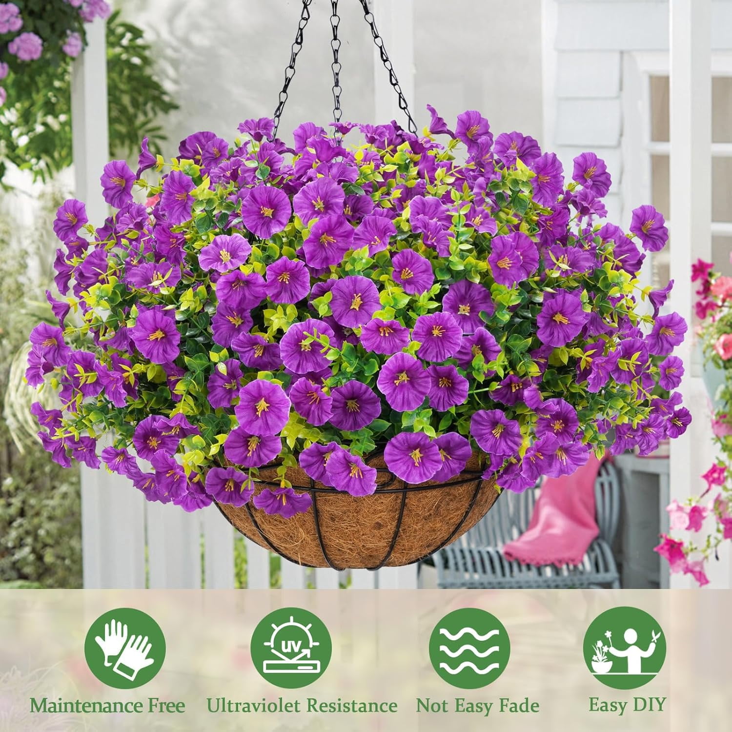 Lyacmy Purple Artificial Hanging Flowers in Basket for Indoor Outdoor, 10Pcs Fake Boxwood Petunias with Eucalyptus Leaves with 20Inch Coconut Lining Chain Flowerpot