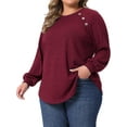 thumbnail image 4 of Agnes Orinda Women's Plus Size Tops Ribbed Knit Crew Neck Long Sleeve Casual Tunic Blouses with Button Decor 1X Burgundy, 4 of 6