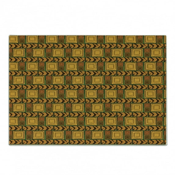 Zambia Cutting Board, Kenya Motif Geometrical Effects Print, Decorative Tempered Glass Cutting and Serving Board, Small Size, Yellow Brown Green, by Ambesonne