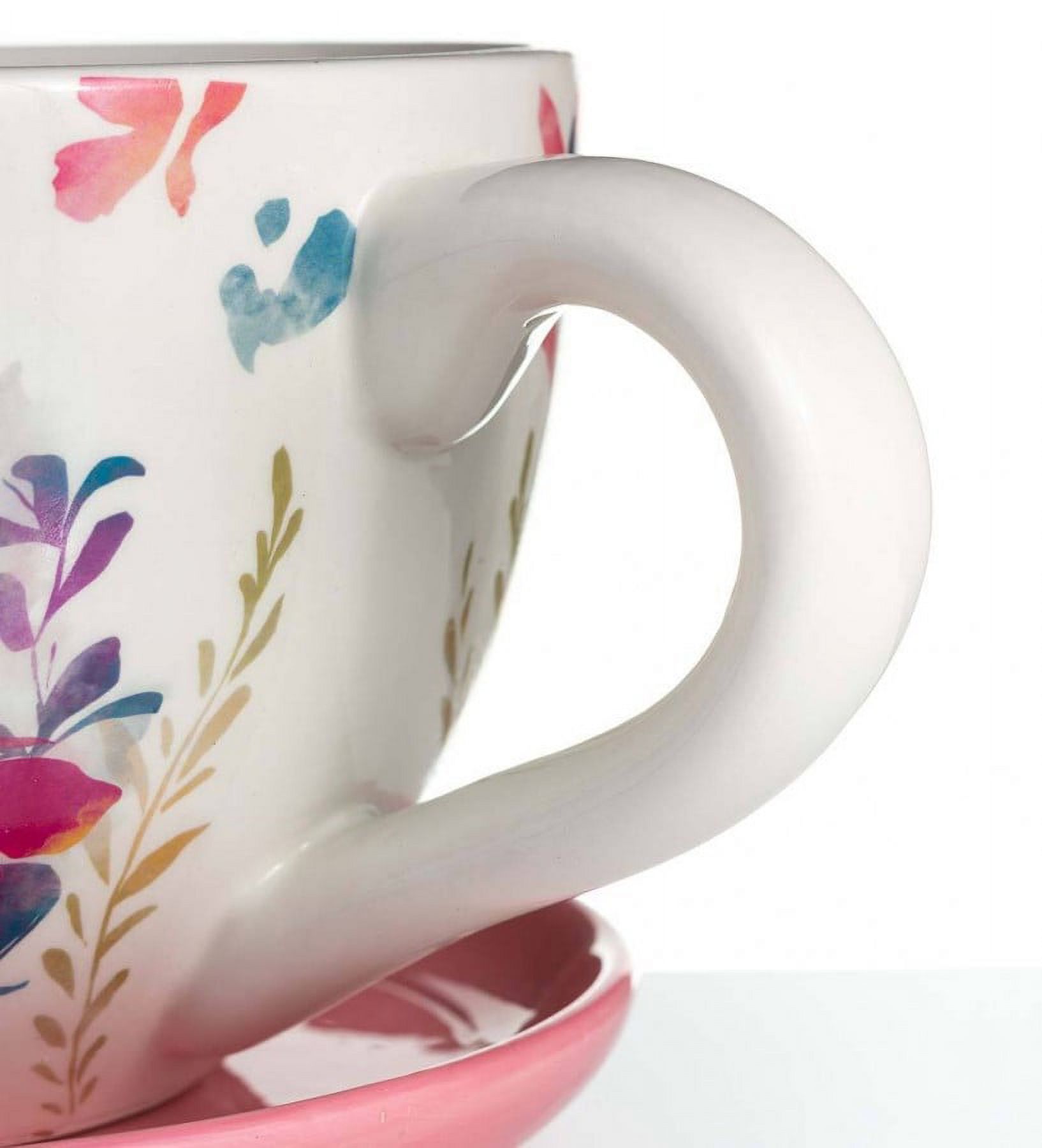 Plow & Hearth Ceramic Floral Tea Cup Indoor/Outdoor Planter with Saucer - Pink