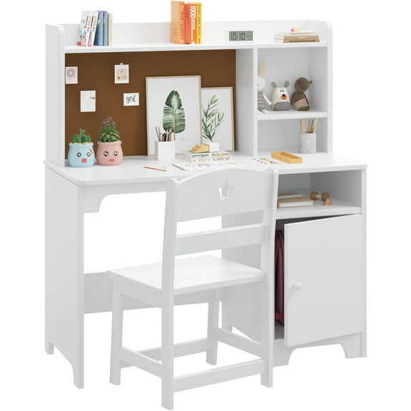 Yesurprise Kids Desk and Chair Set,Study Desk for Kids with Hutch, Storage Cabinet, Wooden Children Study Table, Student Writing Desk Computer Workstation for Kids Bedroom