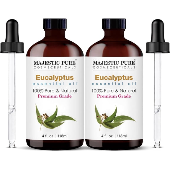 Majestic Pure Eucalyptus Essential Oil with Glass Dropper - 4 Fl Oz Pack of 2-100% Pure and Natural Eucalyptus Oil - Premium Grade Essential Oils for Diffuser, Aromatherapy, Soap and Candle Making