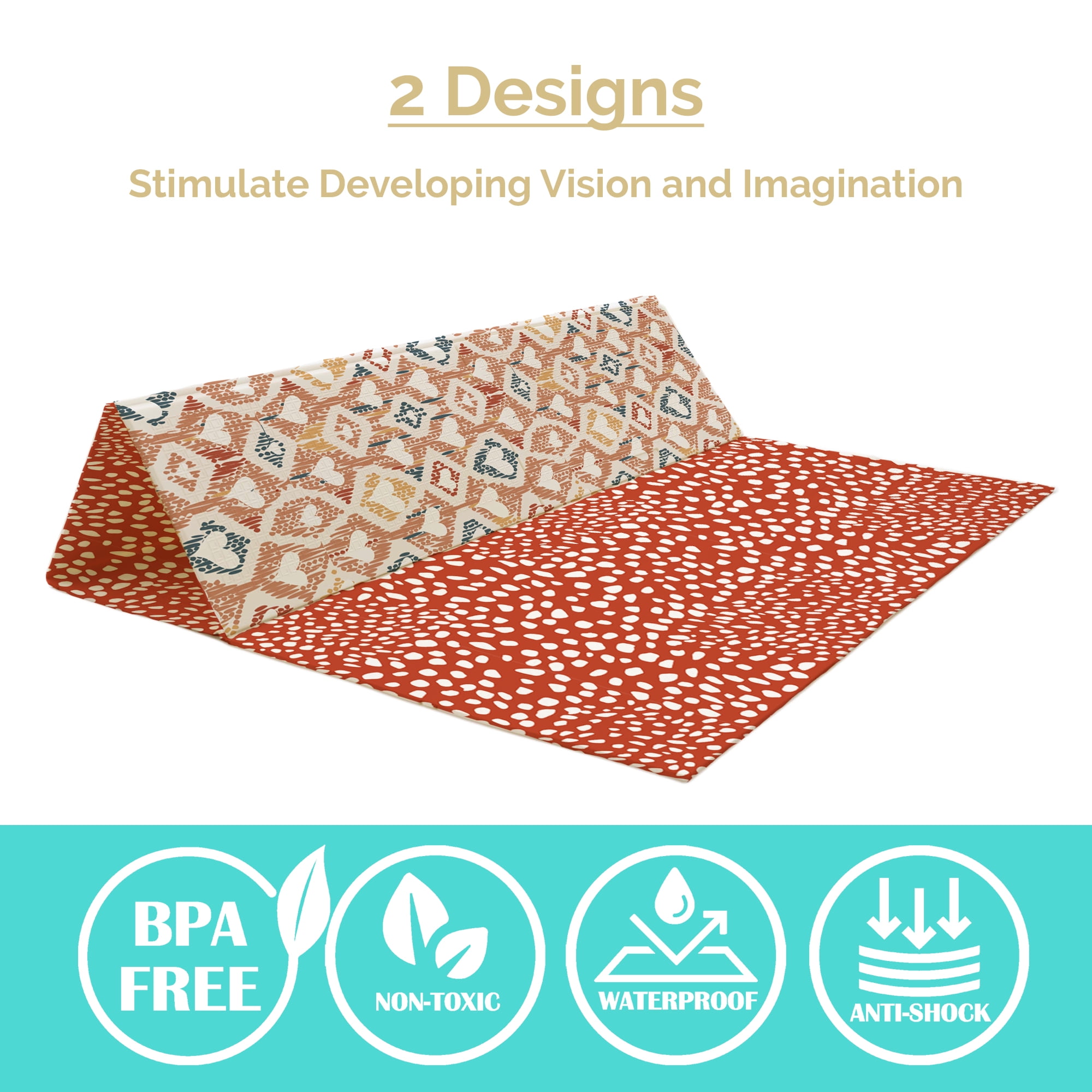 JumpOff Jo Large Foldable Kids Foam Play Mat, Padded Baby Floor Mat, 70 x 59 in - Boho Hearts
