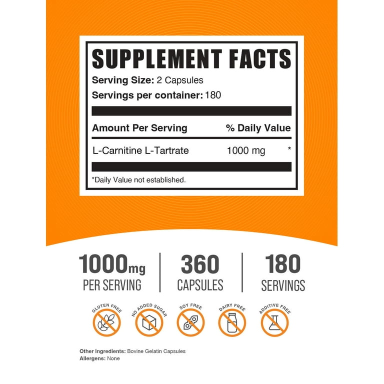 BulkSupplements L-Carnitine L-Tartrate Capsules, 1000mg, 360 Gel Caps